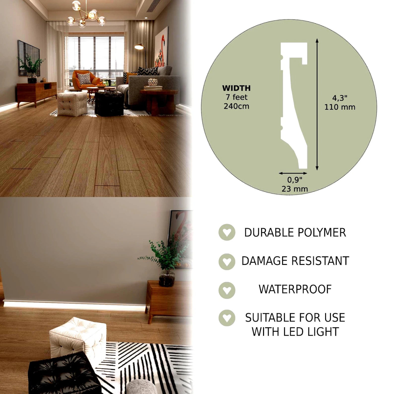 LED Baseboard New York Metro White Polymer 240 cm