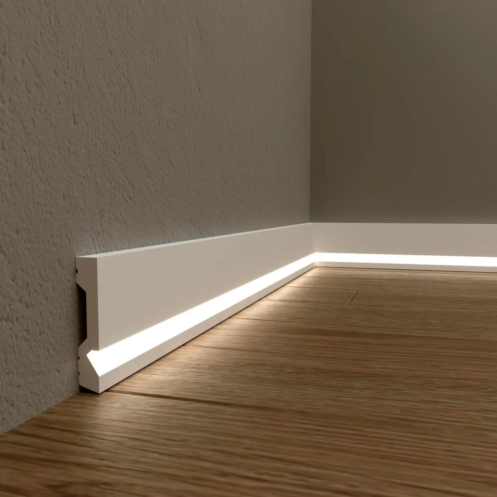 Baseboard with built-in LED strip lighting