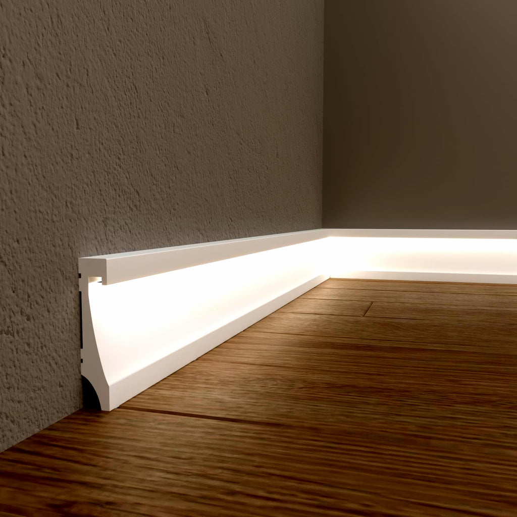 Baseboard with built-in LED strip lighting