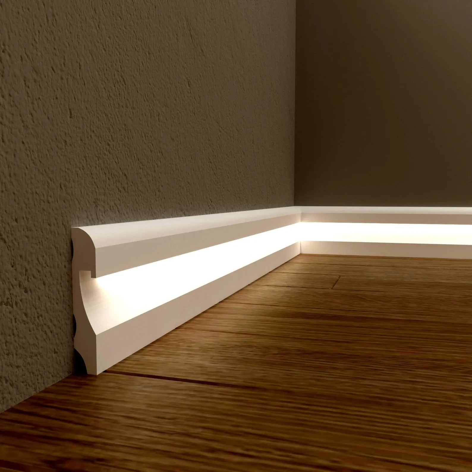 Baseboard with built-in LED strip lighting