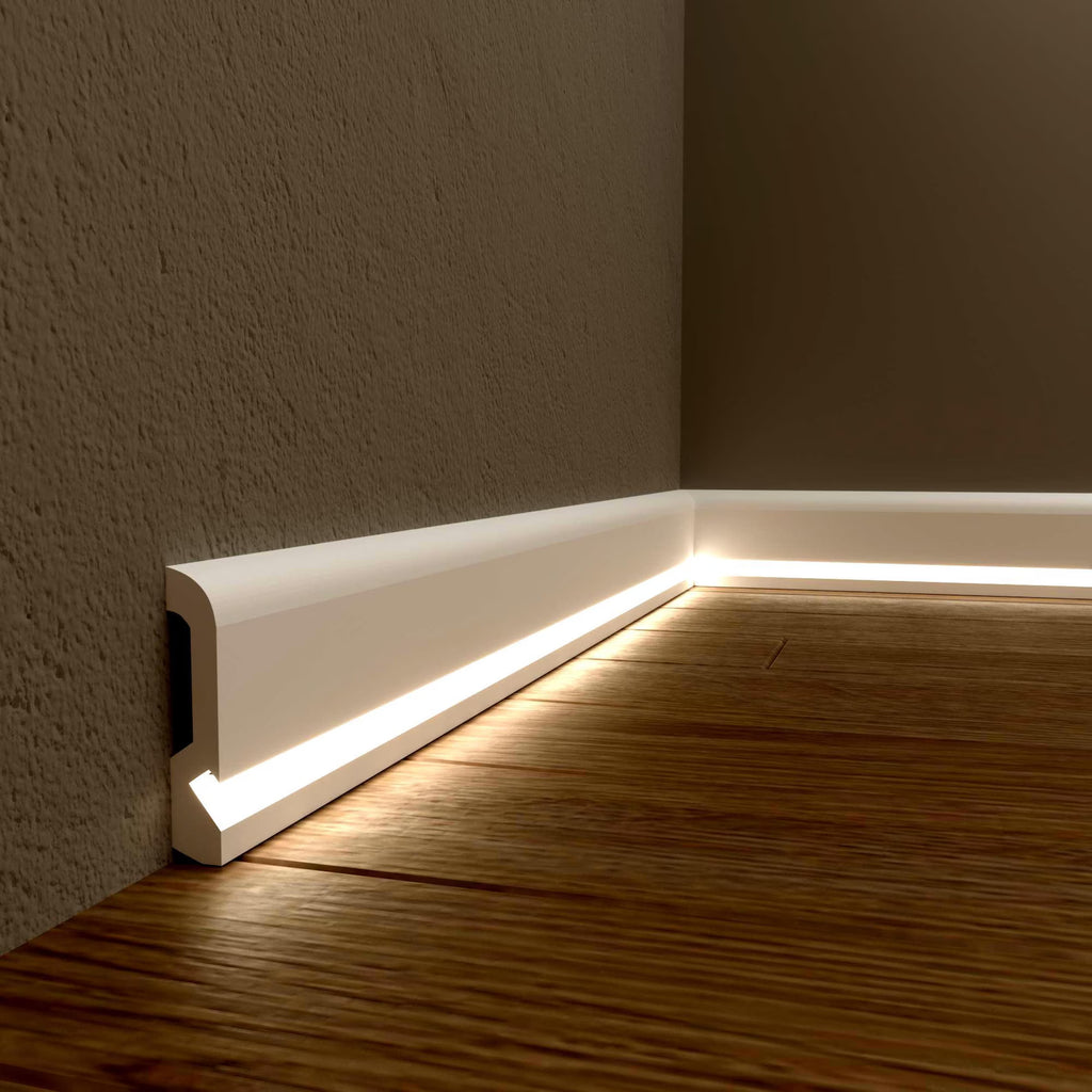 Baseboard with built-in LED strip lighting